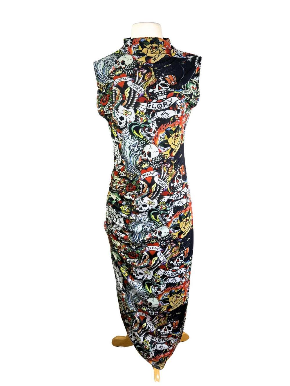 Ed Hardy Tattoo Print Ruched Maxi Dress Size M - Picture 2 of 8